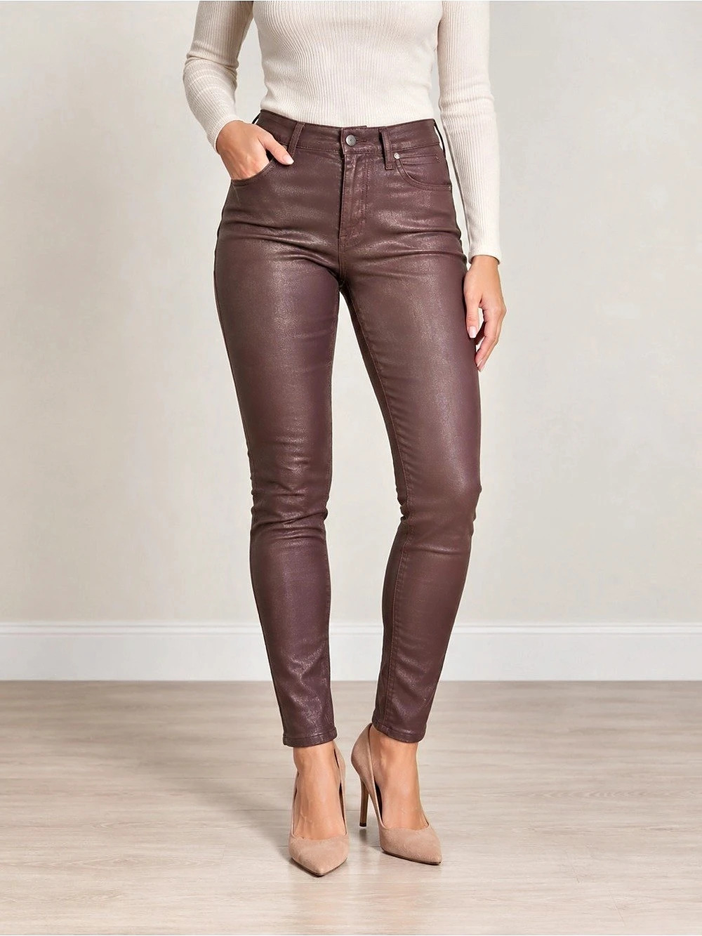 7 For All Mankind Faux Leather Skinny Jeans 29 Spice Cocoa Brown High Rise 7FAM